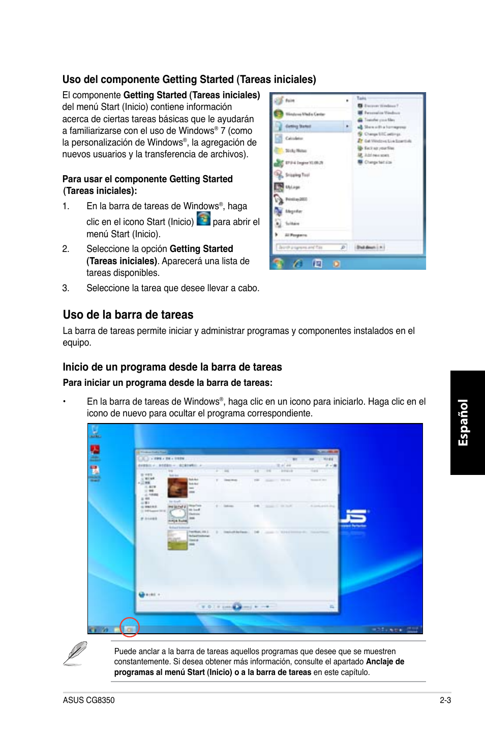 Español, Uso de la barra de tareas | Asus CG8350 User Manual | Page 249 / 380