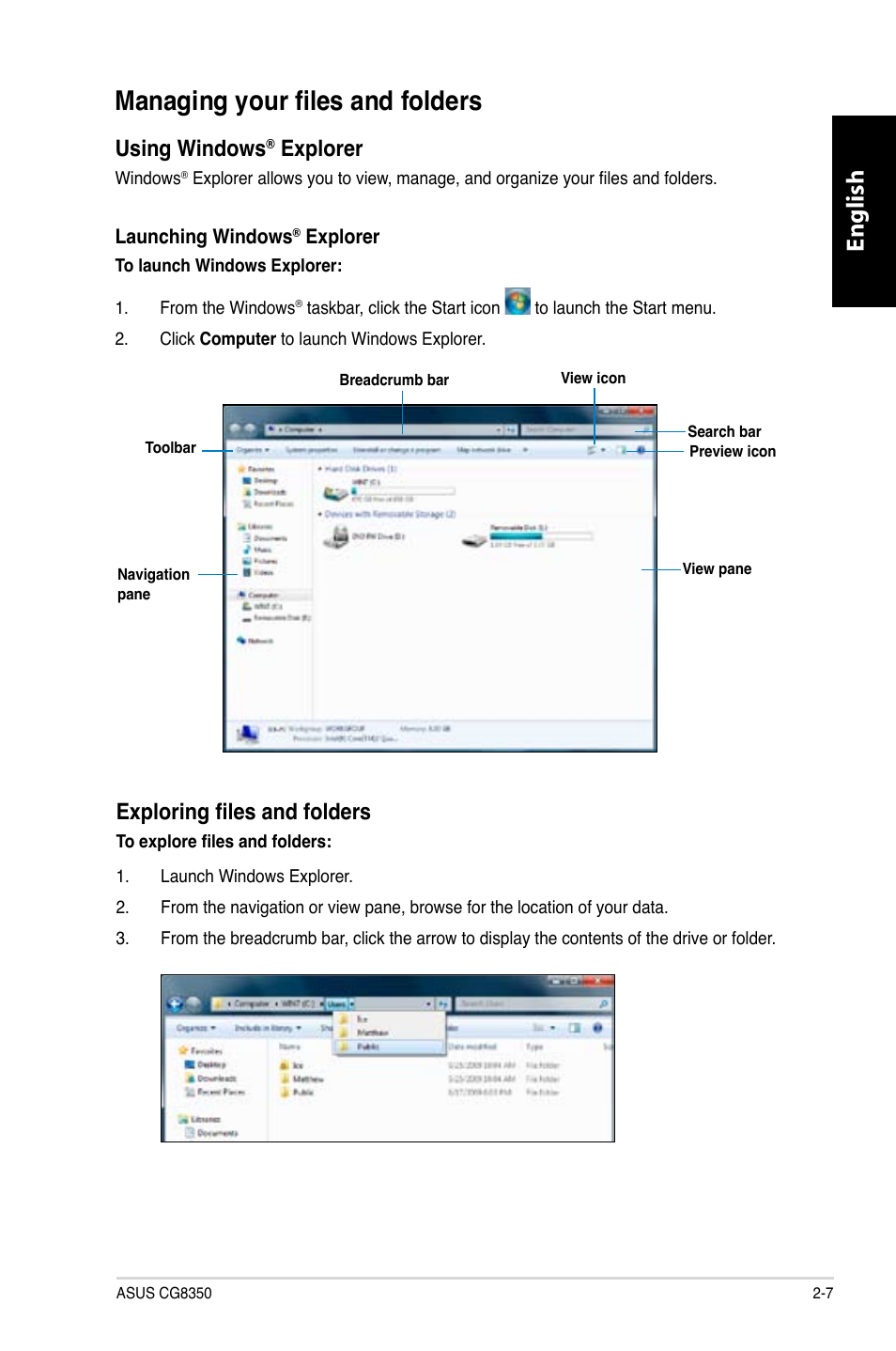 Managing your files and folders, Managing your files and folders -7, English | Using windows, Explorer, Exploring files and folders | Asus CG8350 User Manual | Page 25 / 380