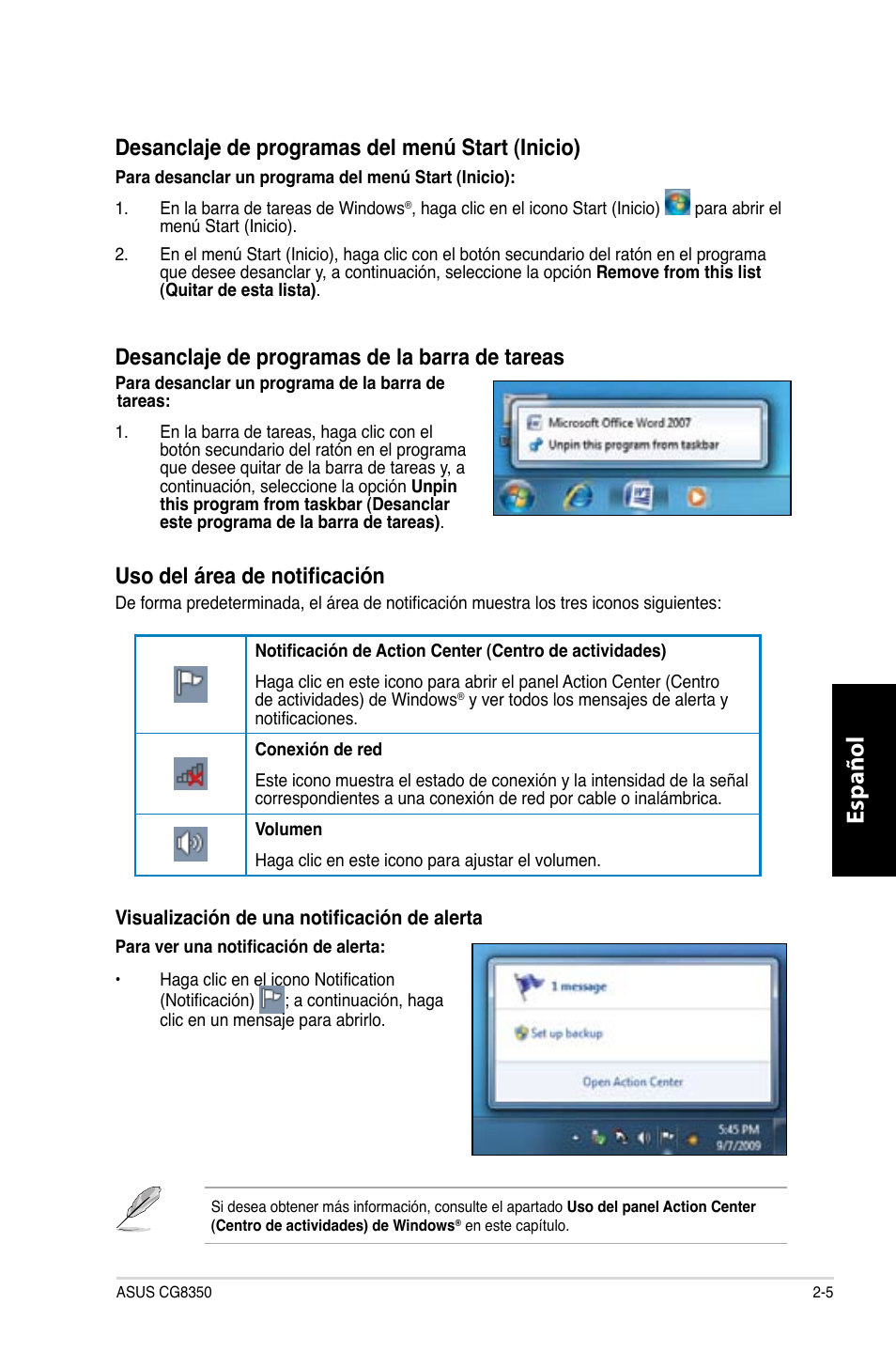 Español, Desanclaje de programas del menú start (inicio), Desanclaje de programas de la barra de tareas | Uso del área de notificación | Asus CG8350 User Manual | Page 251 / 380