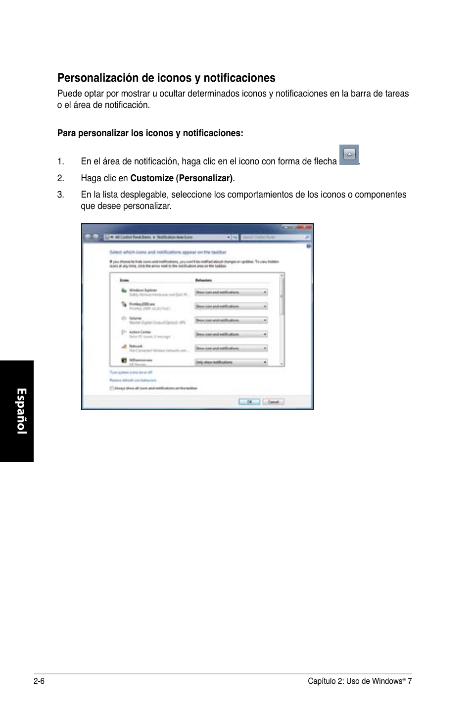 Español, Personalización de iconos y notificaciones | Asus CG8350 User Manual | Page 252 / 380