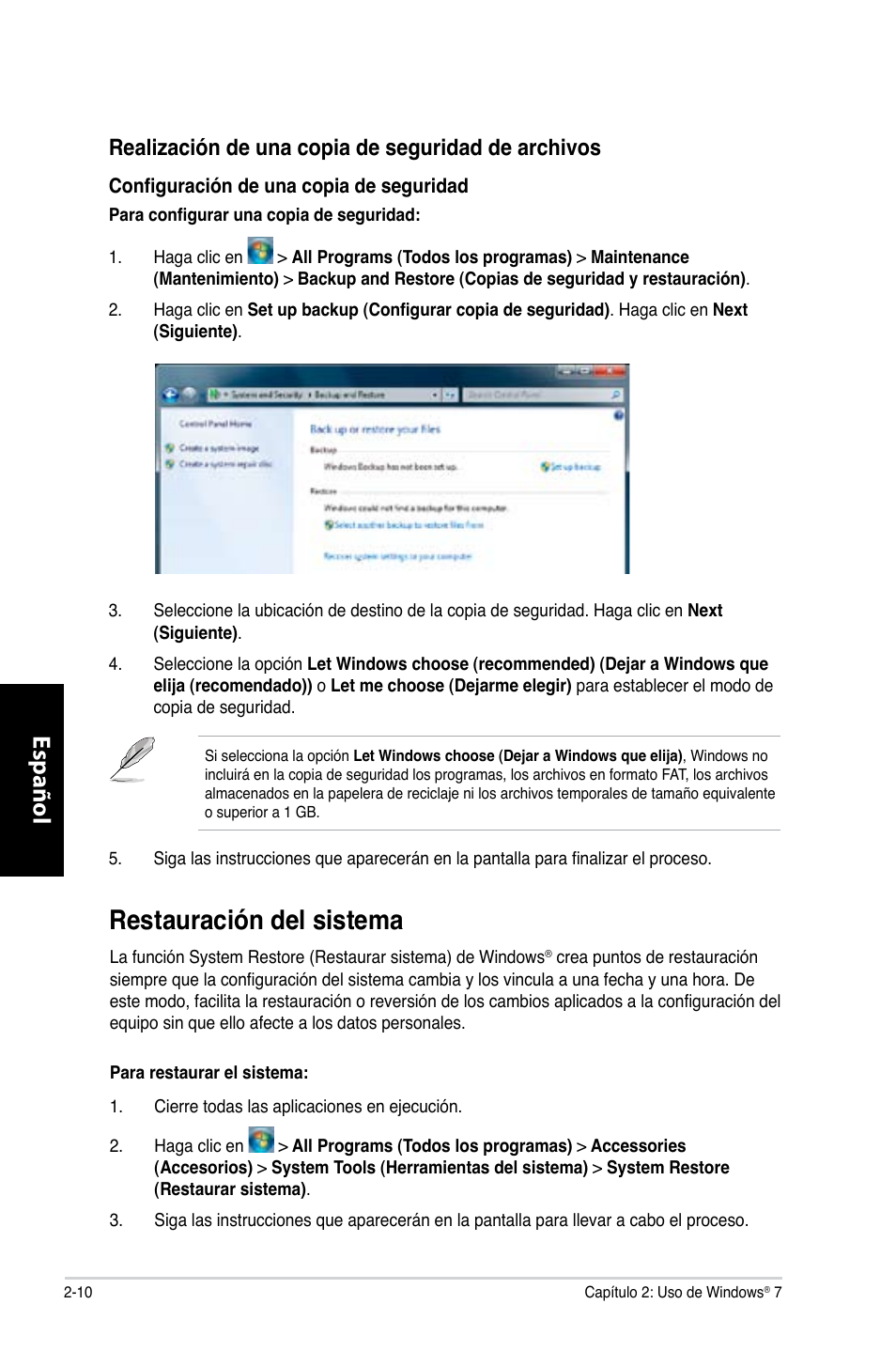 Restauración del sistema, Restauración del sistema -10, Español | Realización de una copia de seguridad de archivos | Asus CG8350 User Manual | Page 256 / 380