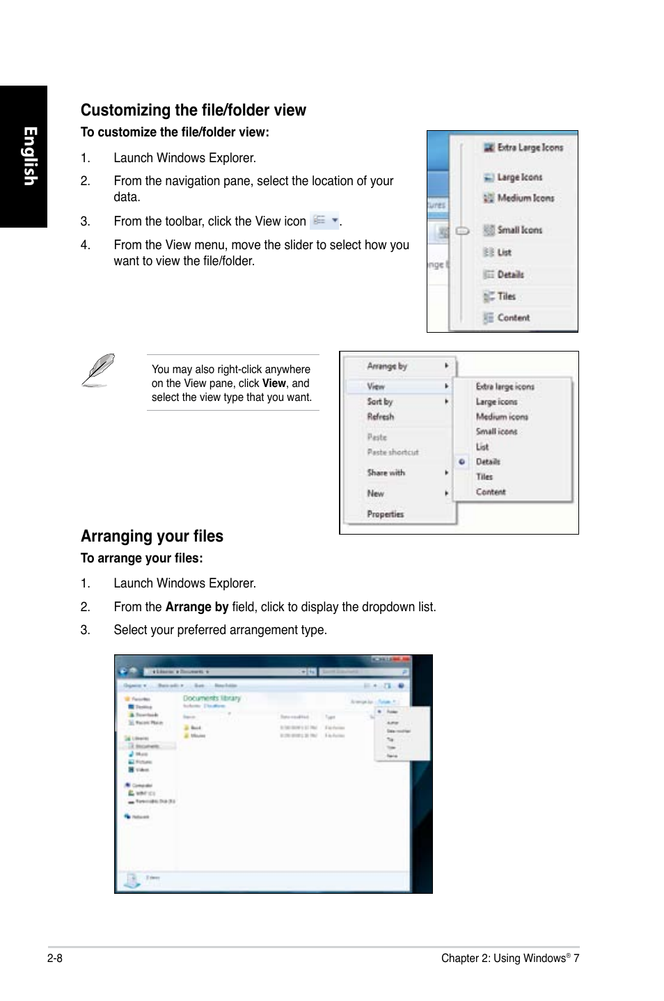 English, Customizing the file/folder view, Arranging your files | Asus CG8350 User Manual | Page 26 / 380