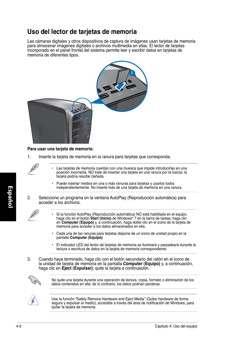 Uso del lector de tarjetas de memoria, Uso del lector de tarjetas de memoria -2, Español | Asus CG8350 User Manual | Page 272 / 380