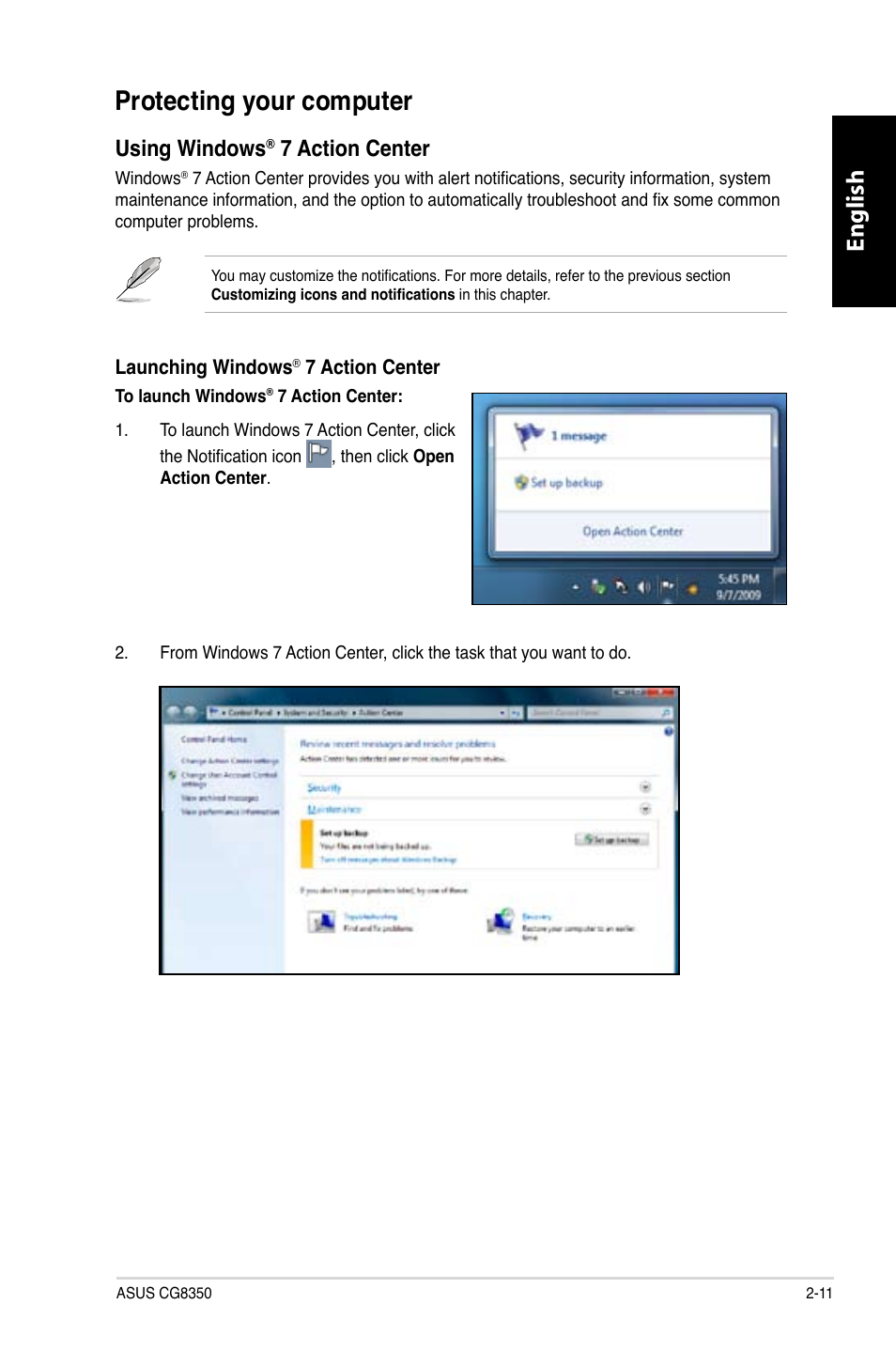 Protecting your computer, Protecting your computer -11, English | Using windows, 7 action center | Asus CG8350 User Manual | Page 29 / 380