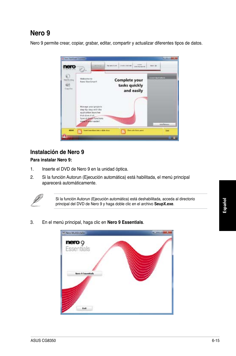 Nero 9, Nero 9 -15, Instalación de nero 9 | Asus CG8350 User Manual | Page 291 / 380