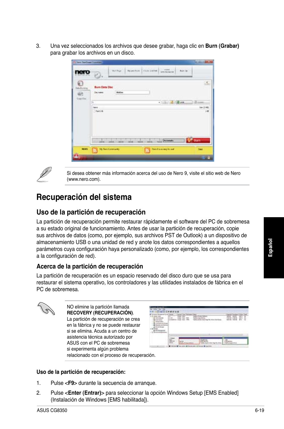 Recuperación del sistema, Recuperación del sistema -19, Uso de la partición de recuperación | Asus CG8350 User Manual | Page 295 / 380