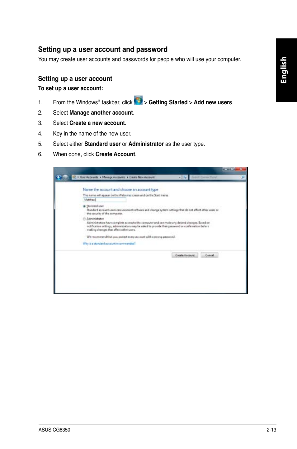 English, Setting up a user account and password | Asus CG8350 User Manual | Page 31 / 380