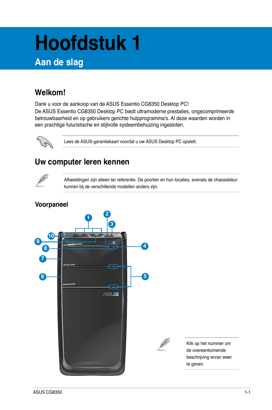 Hoofdstuk 1, Aan de slag, Welkom | Uw computer leren kennen, Welkom! -1 uw computer leren kennen -1 | Asus CG8350 User Manual | Page 315 / 380