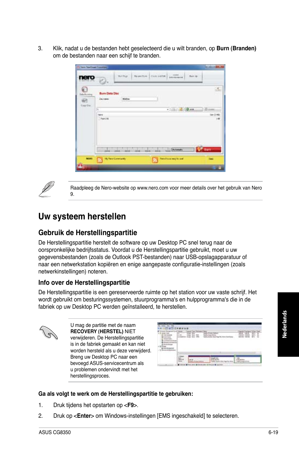 Uw systeem herstellen, Uw systeem herstellen -19, Gebruik de herstellingspartitie | Asus CG8350 User Manual | Page 371 / 380