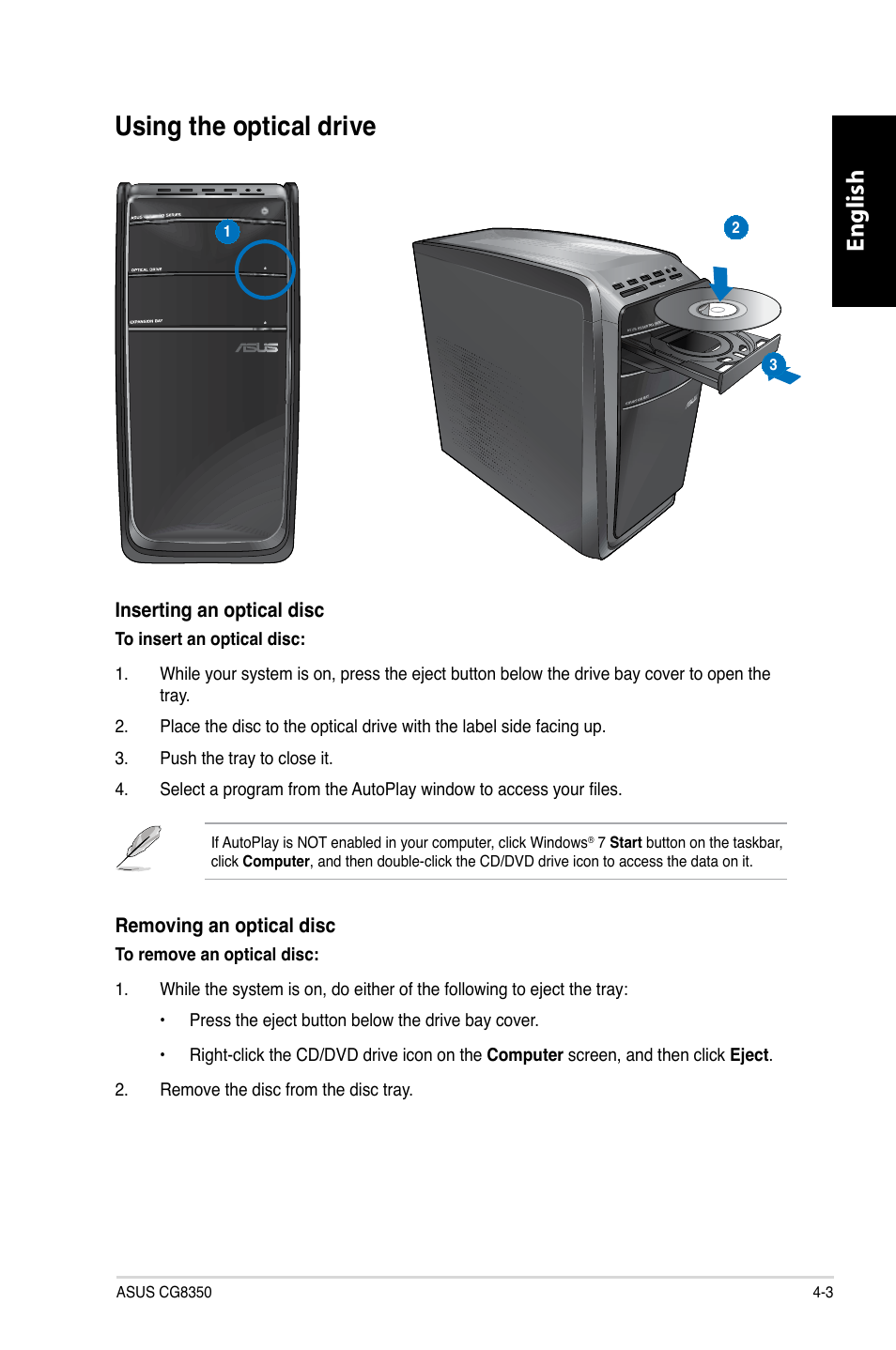 Using the optical drive, Using the optical drive -3, English | Asus CG8350 User Manual | Page 45 / 380