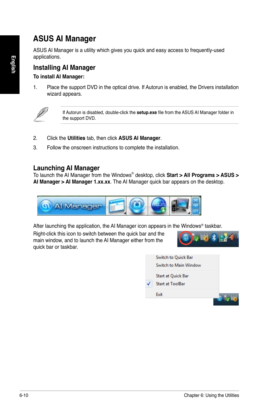 Asus ai manager, Asus ai manager -10, Installing ai manager | Launching ai manager | Asus CG8350 User Manual | Page 58 / 380