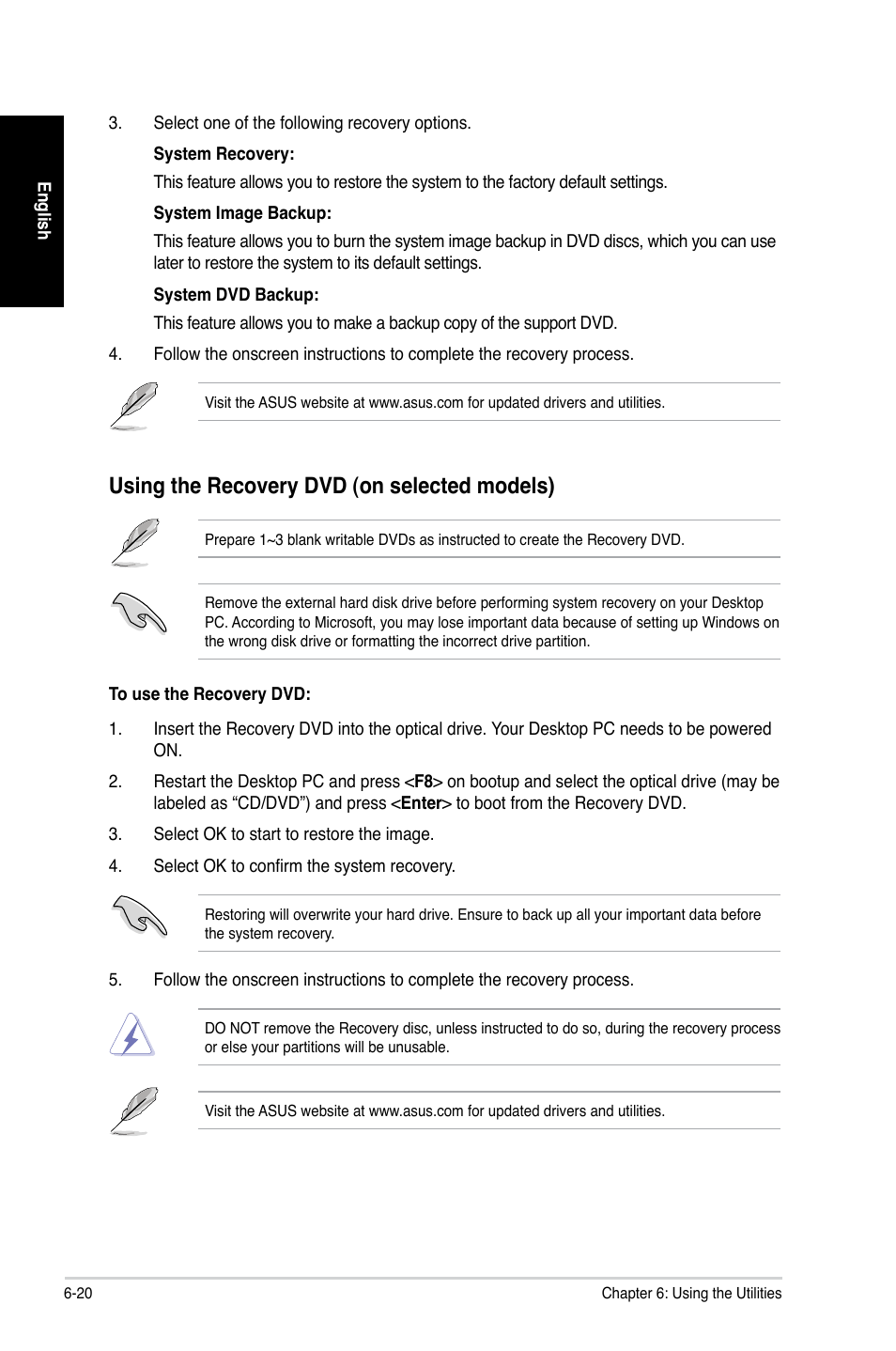 Using the recovery dvd (on selected models) | Asus CG8350 User Manual | Page 68 / 380