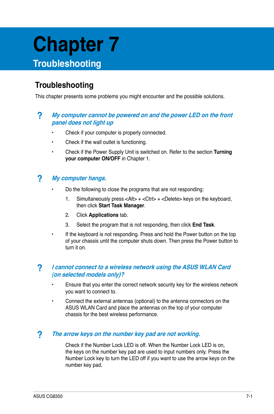 Chapter 7, Troubleshooting, Troubleshooting -1 | Asus CG8350 User Manual | Page 69 / 380