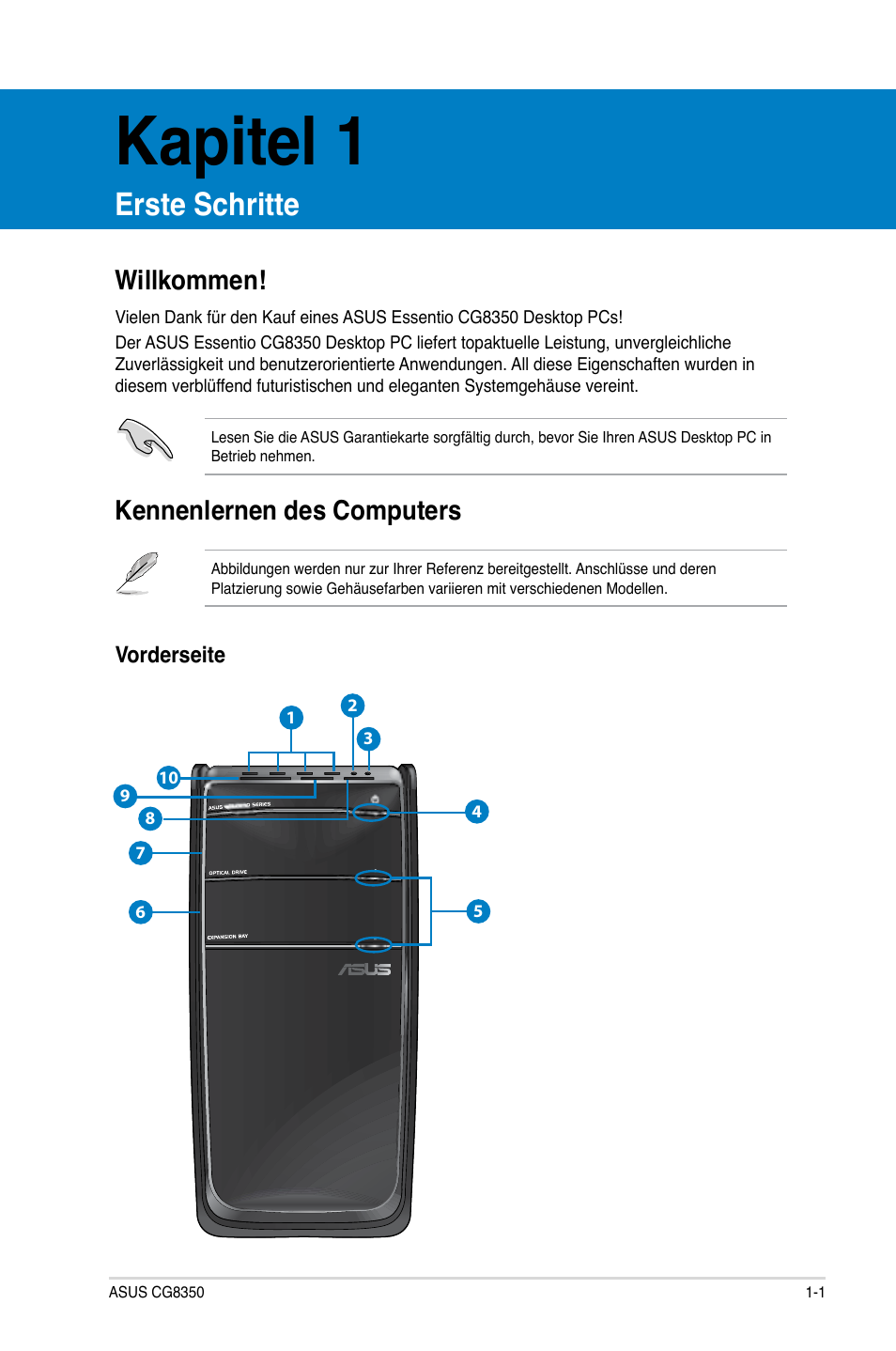 Kapitel 1, Erste schritte, Willkommen | Kennenlernen des computers, Willkommen! -1 kennenlernen des computers -1 | Asus CG8350 User Manual | Page 87 / 380