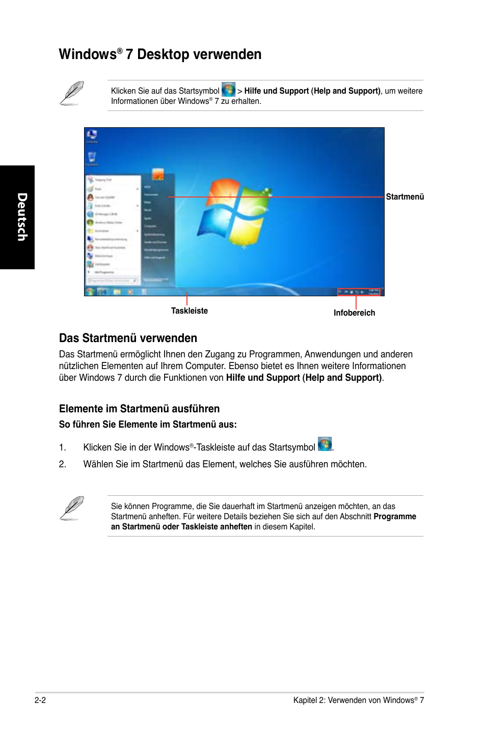 Windows® 7 desktop verwenden, Windows, 7 desktop verwenden -2 | 7 desktop verwenden, Deutsch d eutsch d eutsch d eutsch, Das startmenü verwenden | Asus CG8350 User Manual | Page 96 / 380