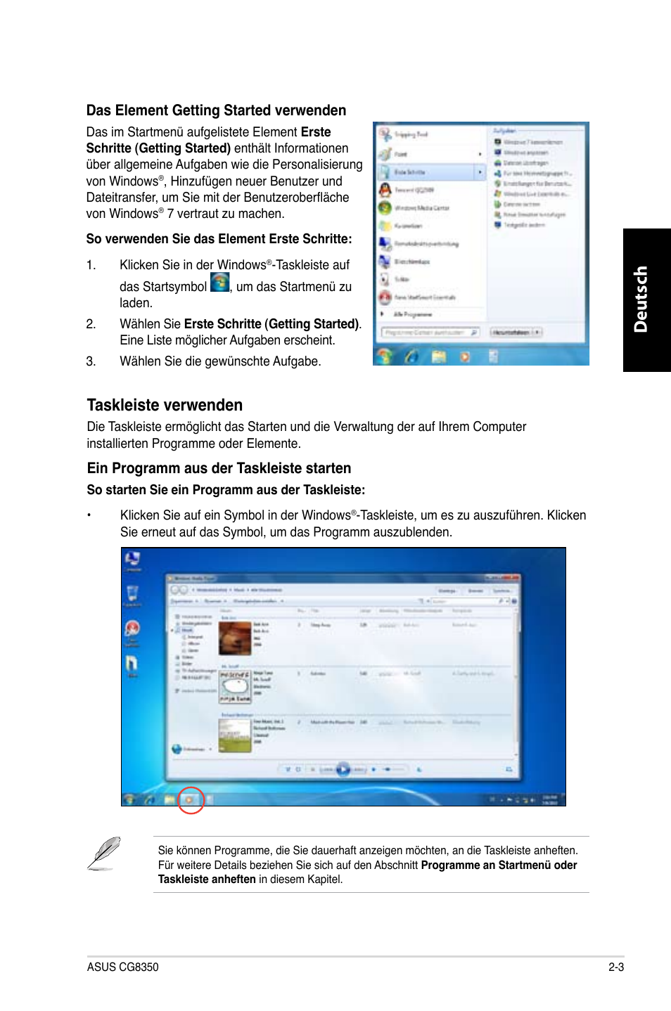 Deutsch d eutsch, Taskleiste verwenden | Asus CG8350 User Manual | Page 97 / 380