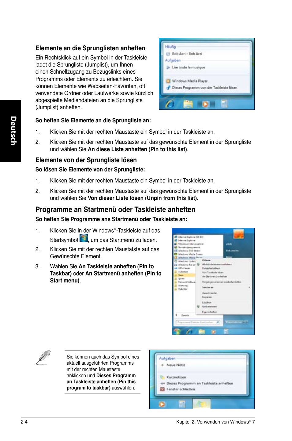 Deutsch d eutsch d eutsch d eutsch, Programme an startmenü oder taskleiste anheften | Asus CG8350 User Manual | Page 98 / 380