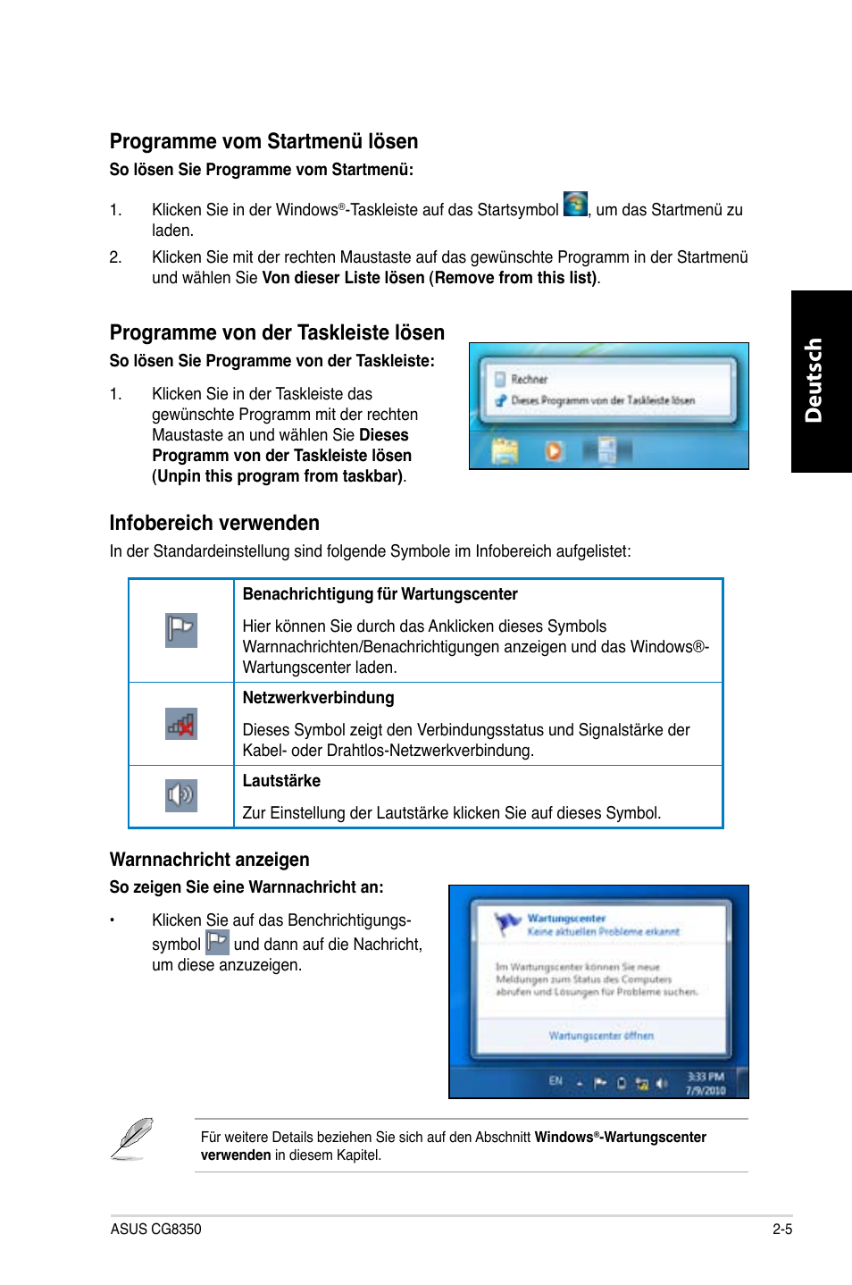 Deutsch d eutsch, Programme vom startmenü lösen, Programme von der taskleiste lösen | Infobereich verwenden | Asus CG8350 User Manual | Page 99 / 380