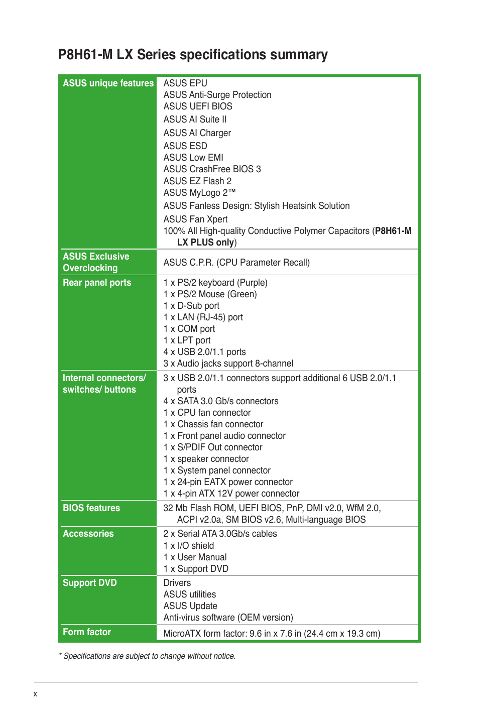 P8h61-m lx series specifications summary | Asus P8H61-M LX PLUS User Manual | Page 10 / 66