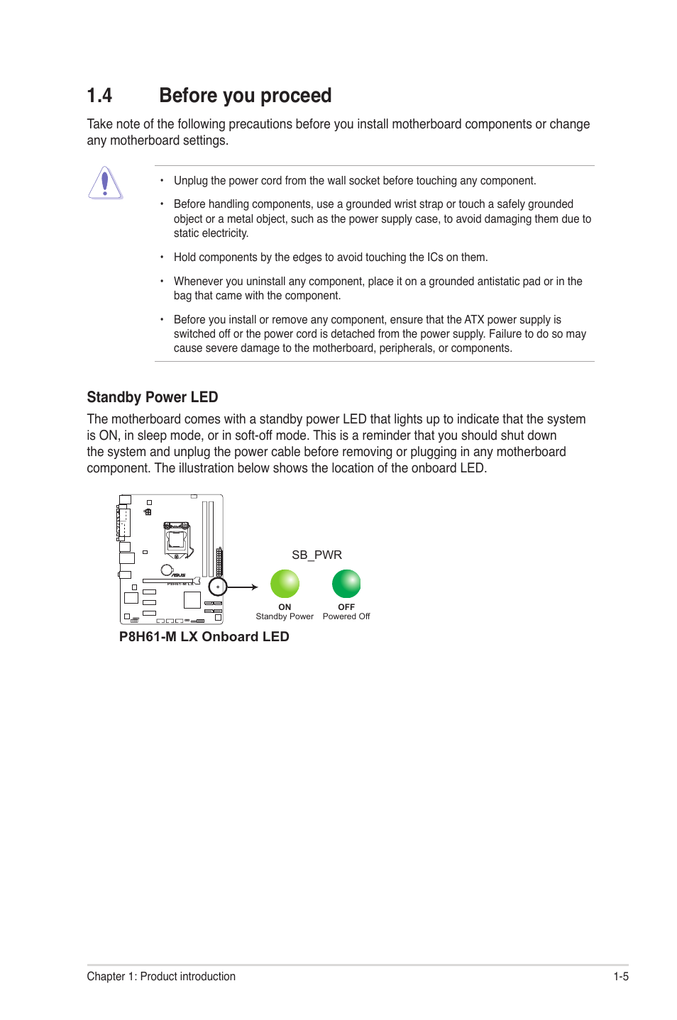 4 before you proceed, Before you proceed -5, Standby power led | Asus P8H61-M LX PLUS User Manual | Page 15 / 66