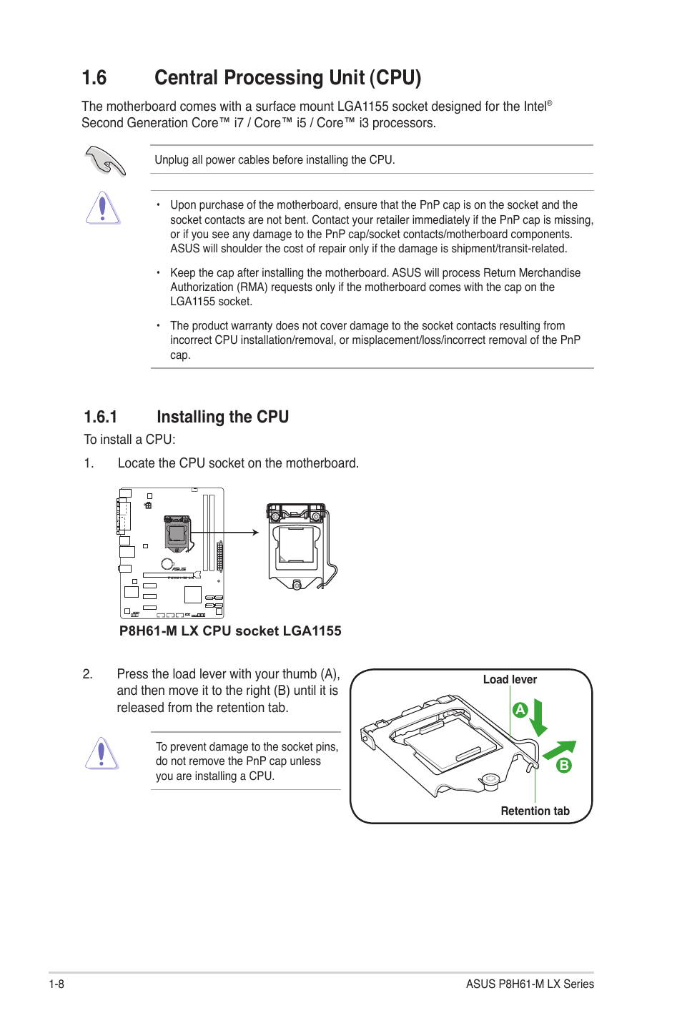 6 central processing unit (cpu), 1 installing the cpu, Central processing unit (cpu) -8 1.6.1 | Installing the cpu -8 | Asus P8H61-M LX PLUS User Manual | Page 18 / 66