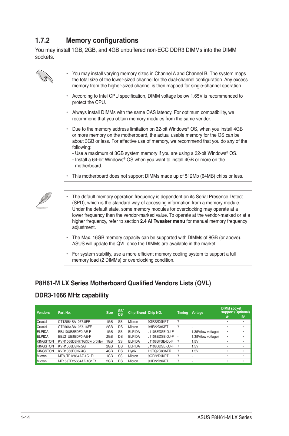 2 memory configurations, Memory configurations -14 | Asus P8H61-M LX PLUS User Manual | Page 24 / 66