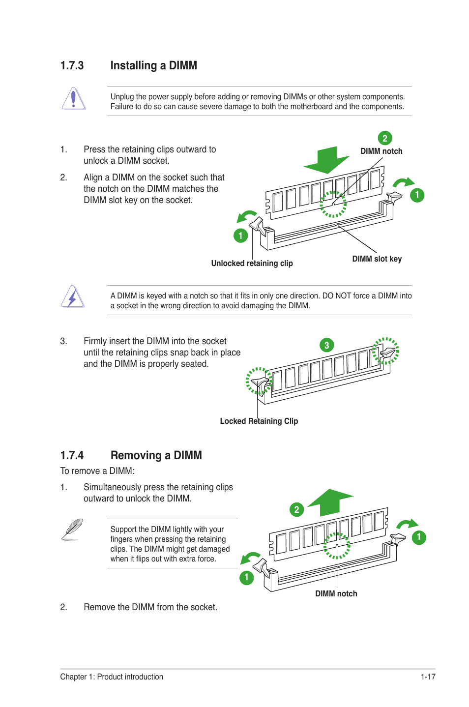 3 installing a dimm, 4 removing a dimm, Installing a dimm -17 | Removing a dimm -17 | Asus P8H61-M LX PLUS User Manual | Page 27 / 66