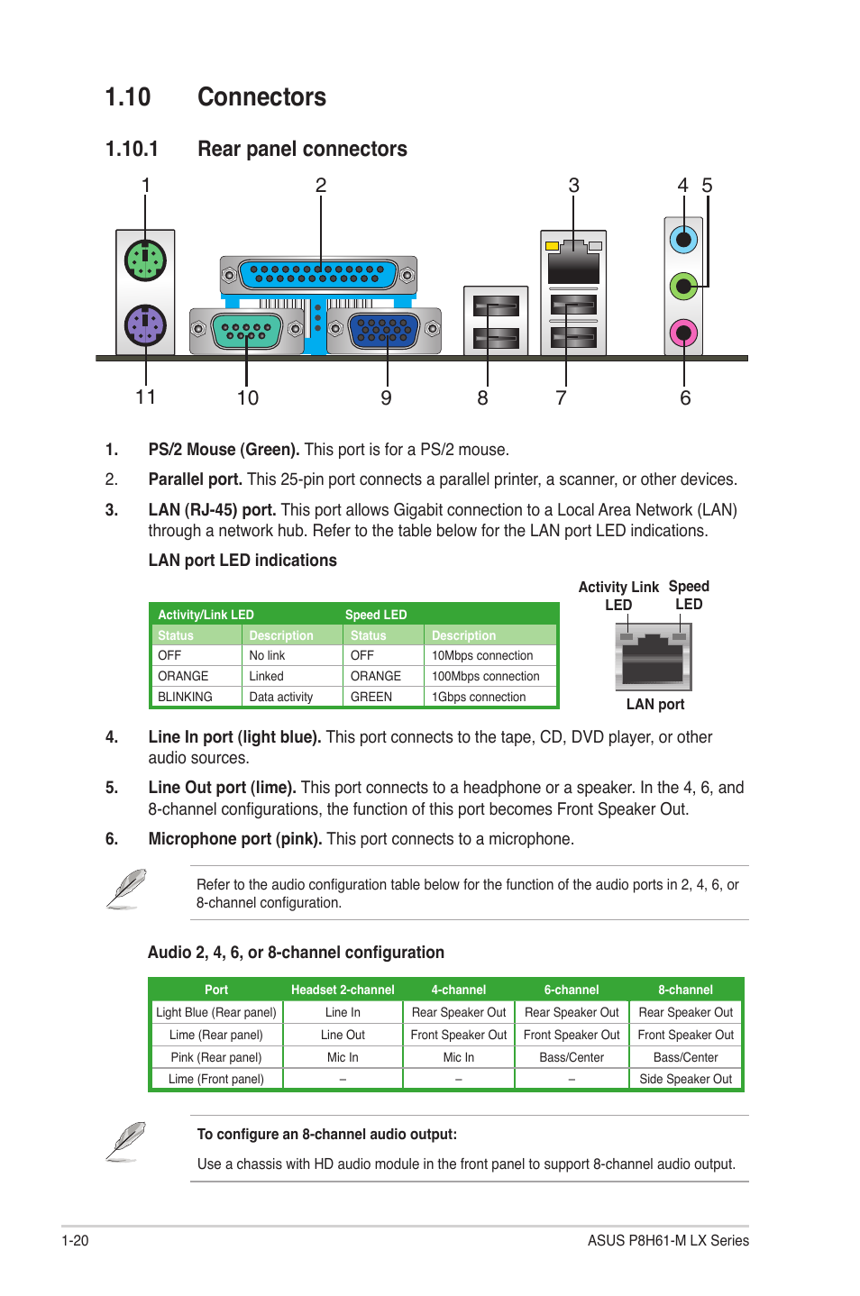 10 connectors, 1 rear panel connectors, 10 connectors -20 | 1 rear panel connectors -20 | Asus P8H61-M LX PLUS User Manual | Page 30 / 66