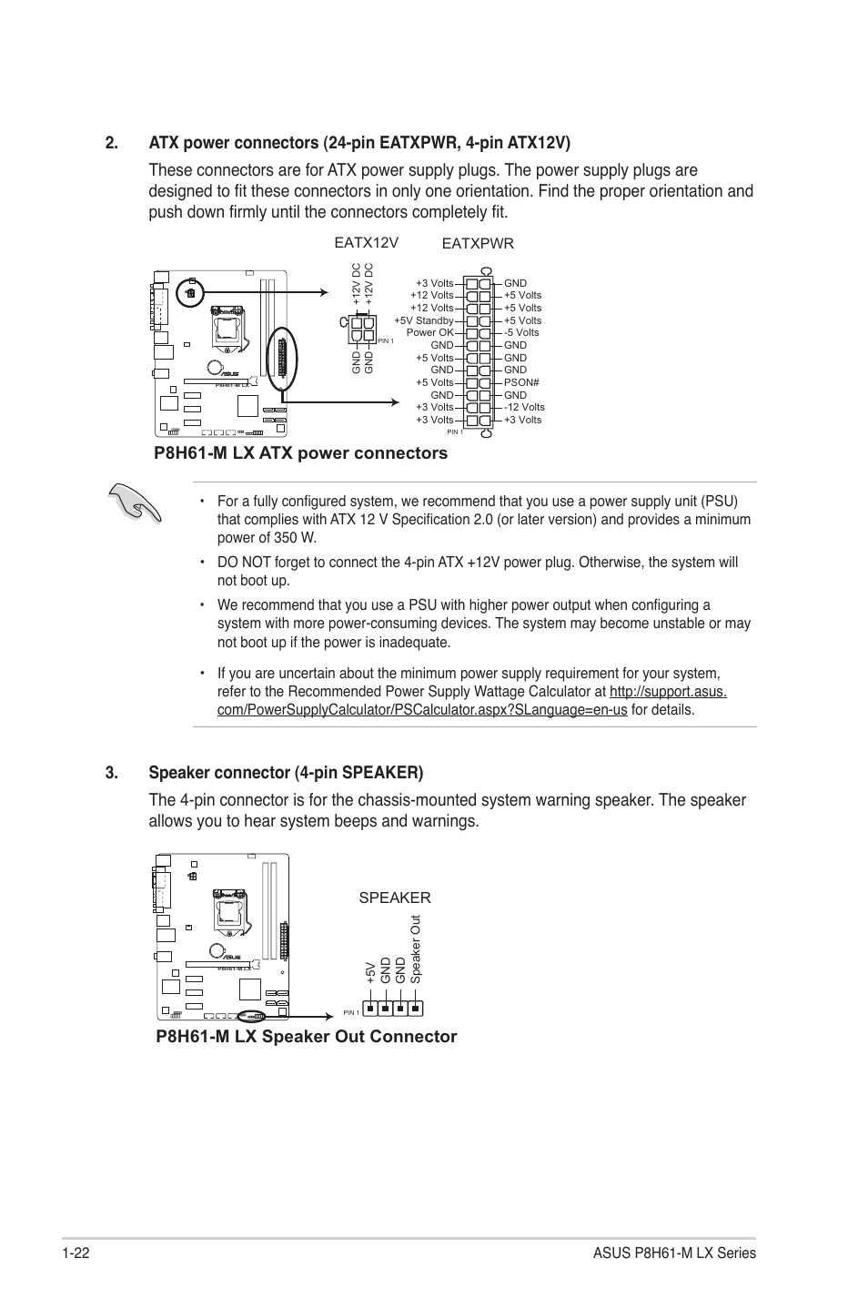 P8h61-m lx atx power connectors, P8h61-m lx speaker out connector | Asus P8H61-M LX PLUS User Manual | Page 32 / 66