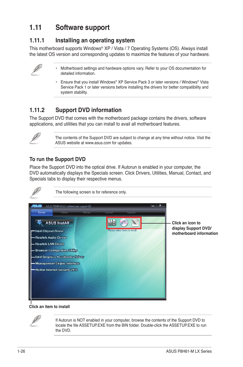 11 software support, 1 installing an operating system, 2 support dvd information | 11 software support -26 | Asus P8H61-M LX PLUS User Manual | Page 36 / 66