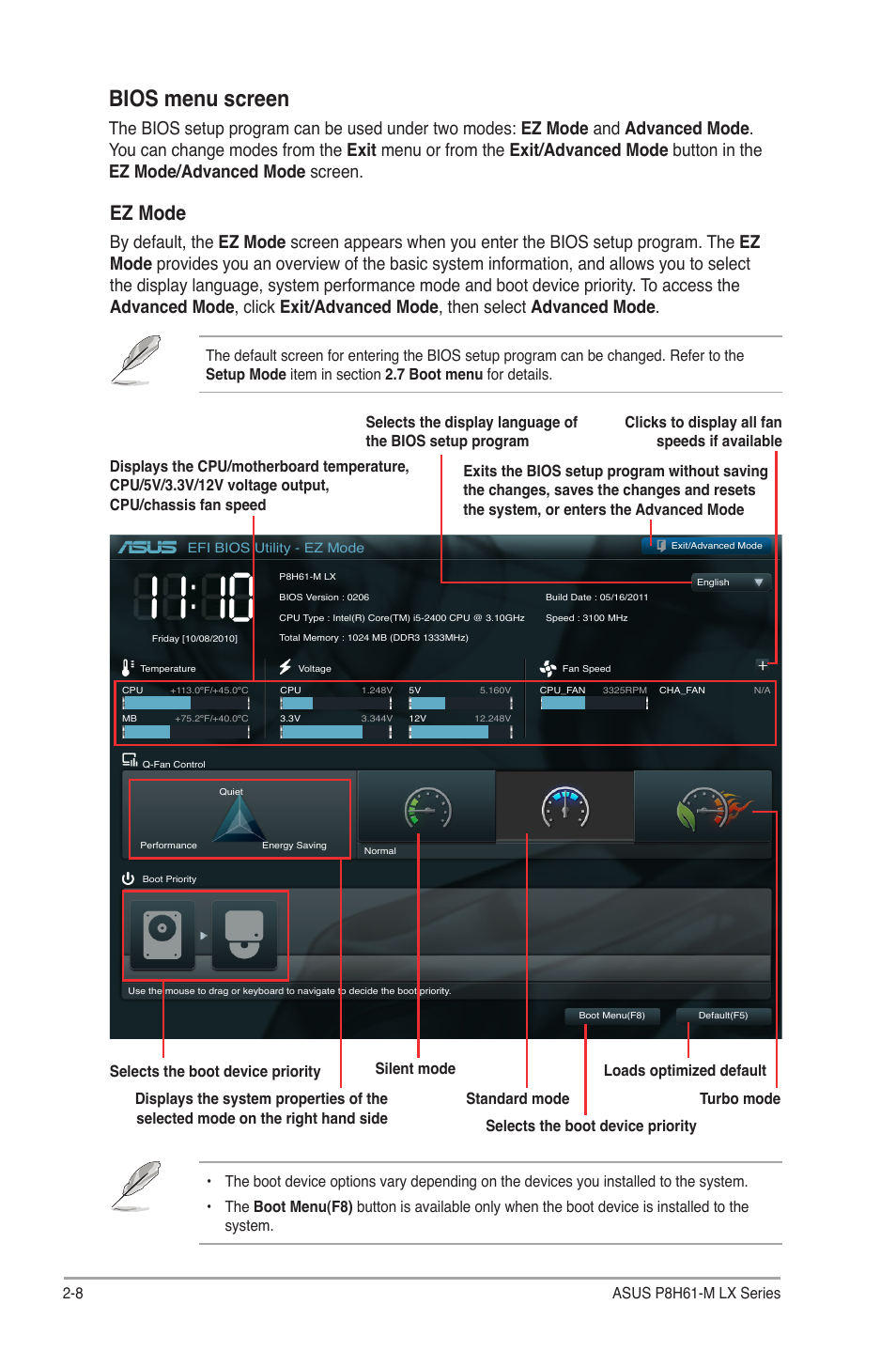 Bios menu screen, Ez mode, 8 asus p8h61-m lx series | Asus P8H61-M LX PLUS User Manual | Page 44 / 66