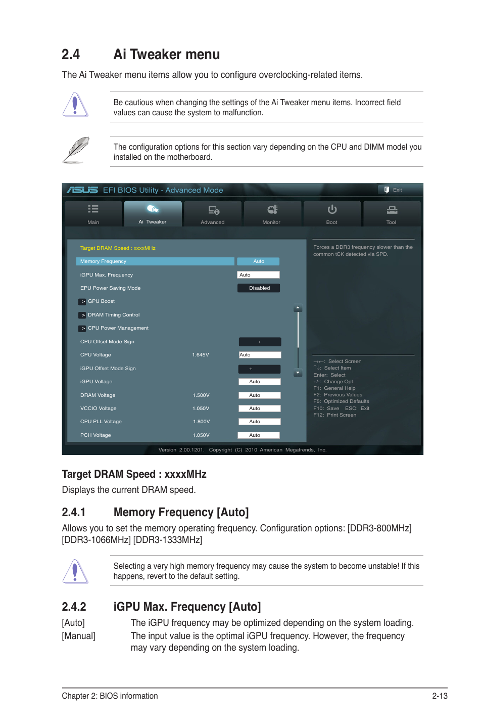 4 ai tweaker menu, 1 memory frequency [auto, 2 igpu max. frequency [auto | Ai tweaker menu -13 2.4.1, Memory frequency [auto] -13, Igpu max. frequency [auto] -13, Displays the current dram speed, Chapter 2: bios information 2-13 | Asus P8H61-M LX PLUS User Manual | Page 49 / 66