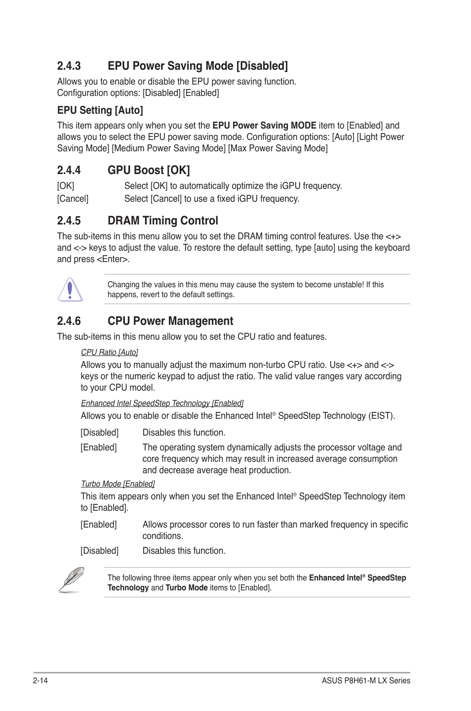 3 epu power saving mode [disabled, 4 gpu boost [ok, 5 dram timing control | 6 cpu power management, Epu power saving mode [disabled] -14, Gpu boost [ok] -14, Dram timing control -14, Cpu power management -14 | Asus P8H61-M LX PLUS User Manual | Page 50 / 66