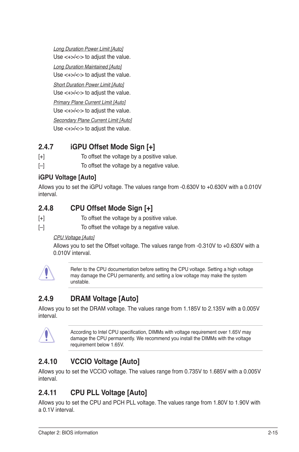 7 igpu offset mode sign, 8 cpu offset mode sign, 9 dram voltage [auto | 10 vccio voltage [auto, 11 cpu pll voltage [auto, Igpu offset mode sign [+] -15, Cpu offset mode sign [+] -15, Dram voltage [auto] -15 | Asus P8H61-M LX PLUS User Manual | Page 51 / 66