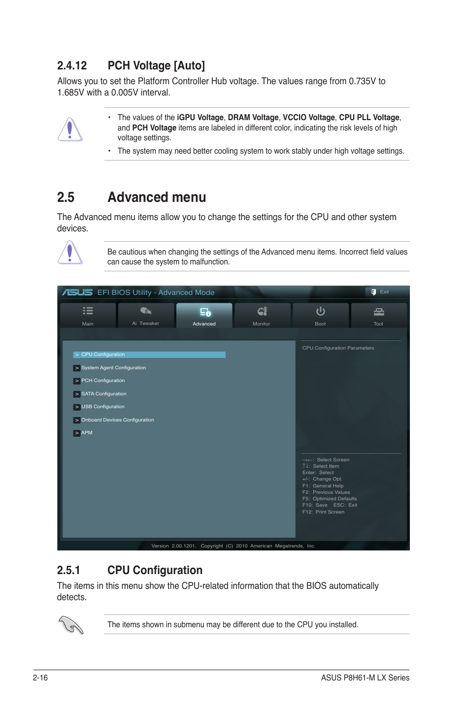 12 pch voltage [auto, 5 advanced menu, 1 cpu configuration | 12 pch voltage [auto] -16, Advanced menu -16 2.5.1, Cpu configuration -16 | Asus P8H61-M LX PLUS User Manual | Page 52 / 66