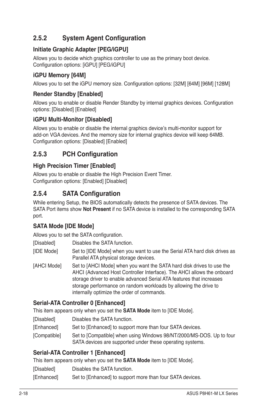 2 system agent configuration, 3 pch configuration, 4 sata configuration | System agent configuration -18, Pch configuration -18, Sata configuration -18 | Asus P8H61-M LX PLUS User Manual | Page 54 / 66