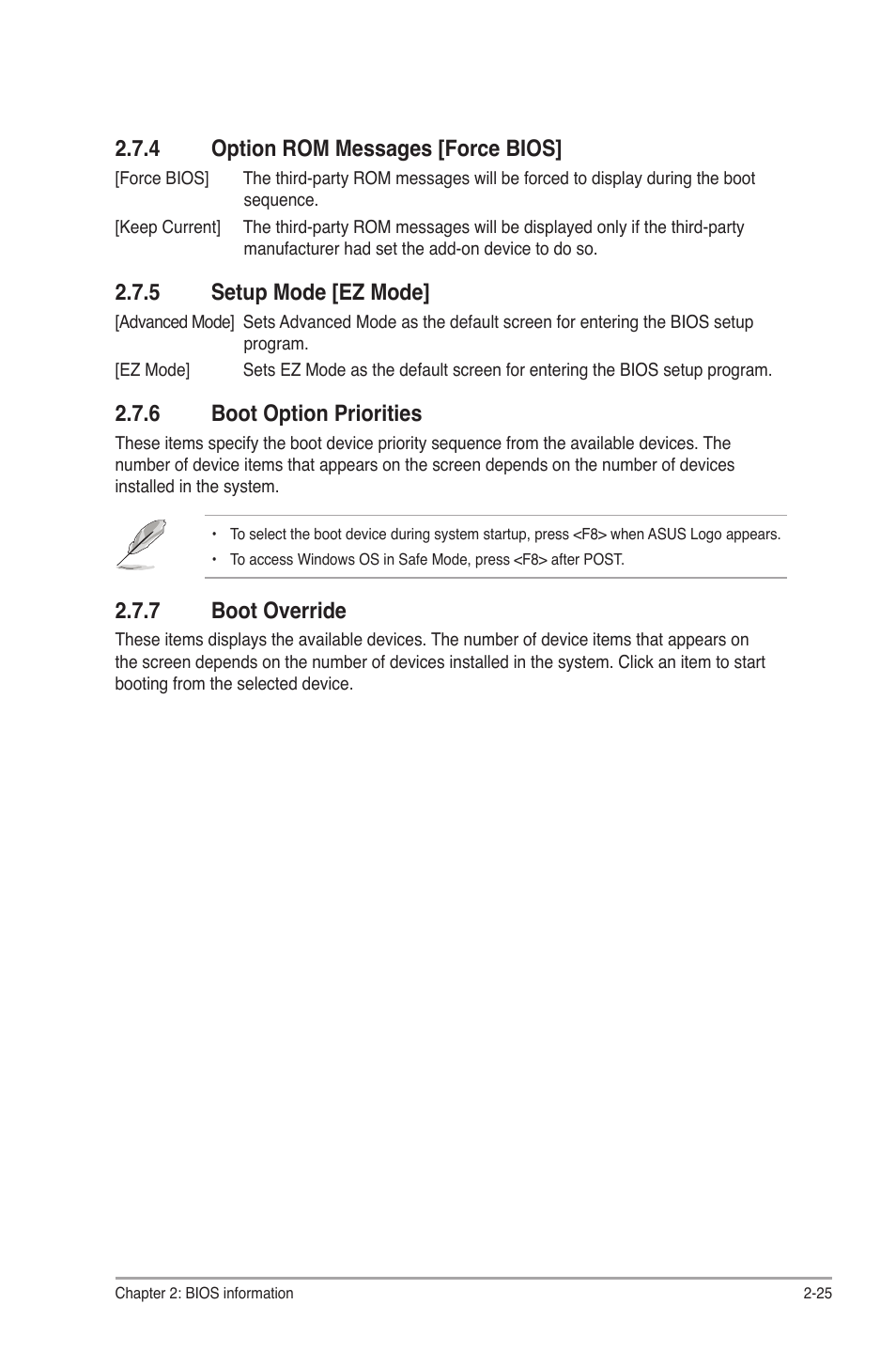 4 option rom messages [force bios, 5 setup mode [ez mode, 6 boot option priorities | 7 boot override, Option rom messages [force bios] -25, Setup mode [ez mode] -25, Boot option priorities -25, Boot override -25 | Asus P8H61-M LX PLUS User Manual | Page 61 / 66