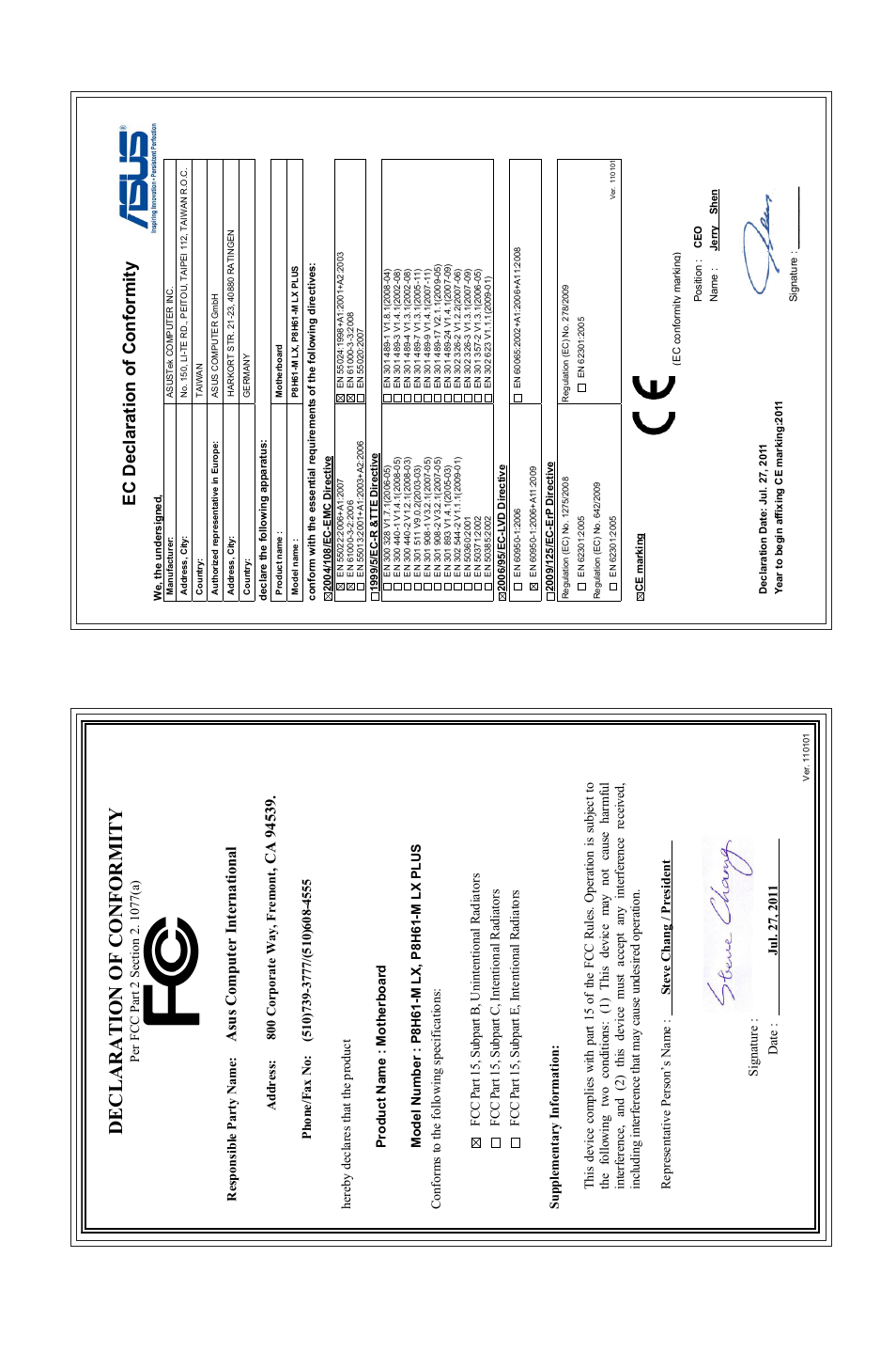 Declaration of conformity, Ec declaration of conformity, Asu s c om pu te r in te rn at io na l | Asus P8H61-M LX PLUS User Manual | Page 66 / 66