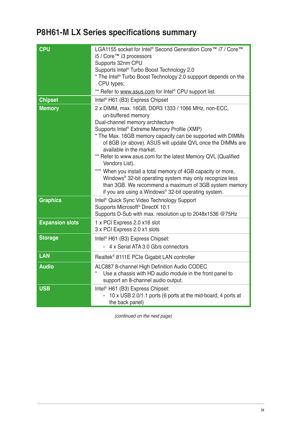 P8h61-m lx series specifications summary | Asus P8H61-M LX PLUS User Manual | Page 9 / 66