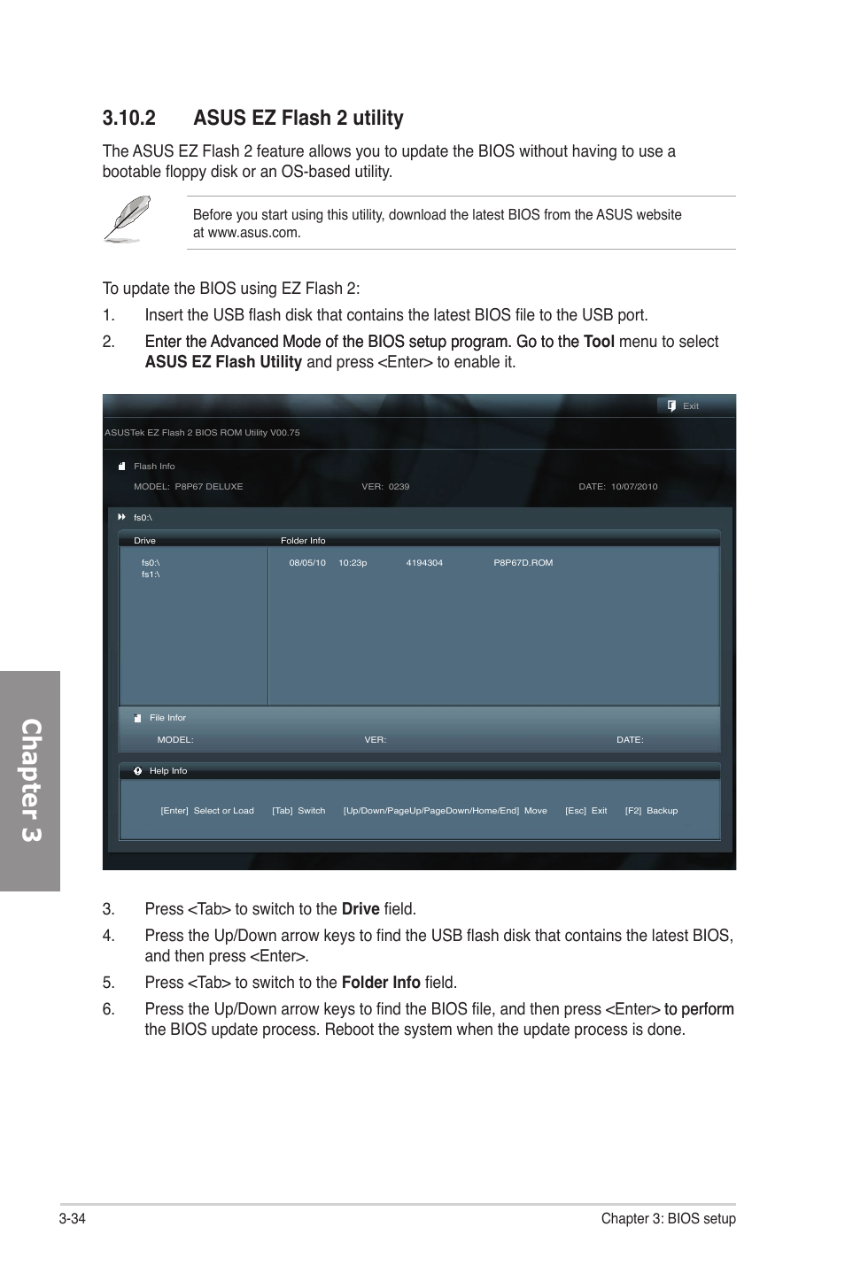 2 asus ez flash 2 utility, Asus ez flash 2 utility -34, Chapter 3 | Asus P8P67 DELUXE User Manual | Page 102 / 142