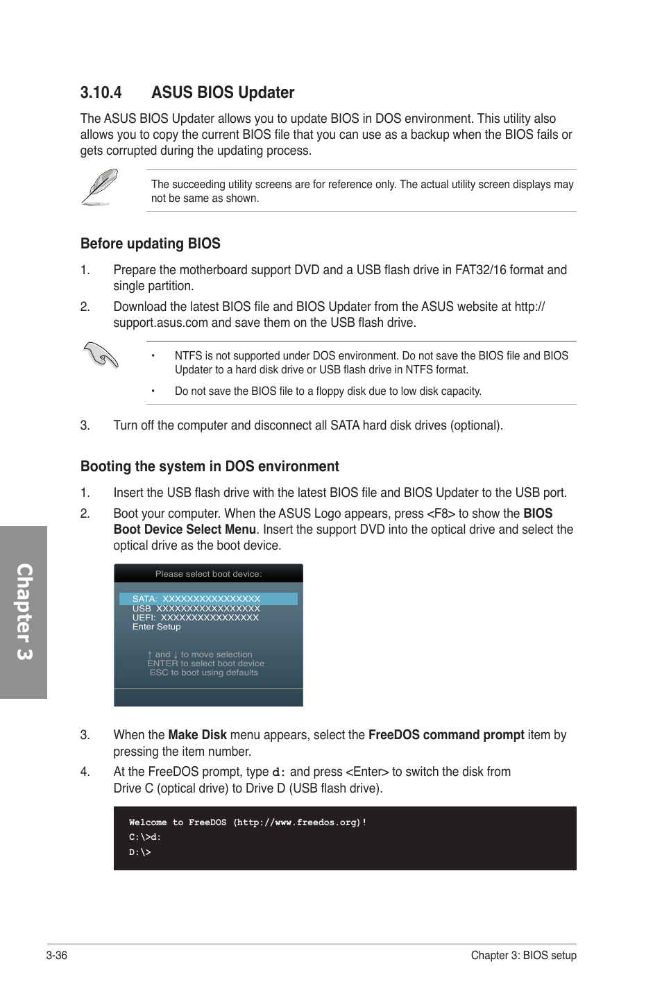 4 asus bios updater, Asus bios updater -36, Chapter 3 | Booting the system in dos environment, Before updating bios | Asus P8P67 DELUXE User Manual | Page 104 / 142