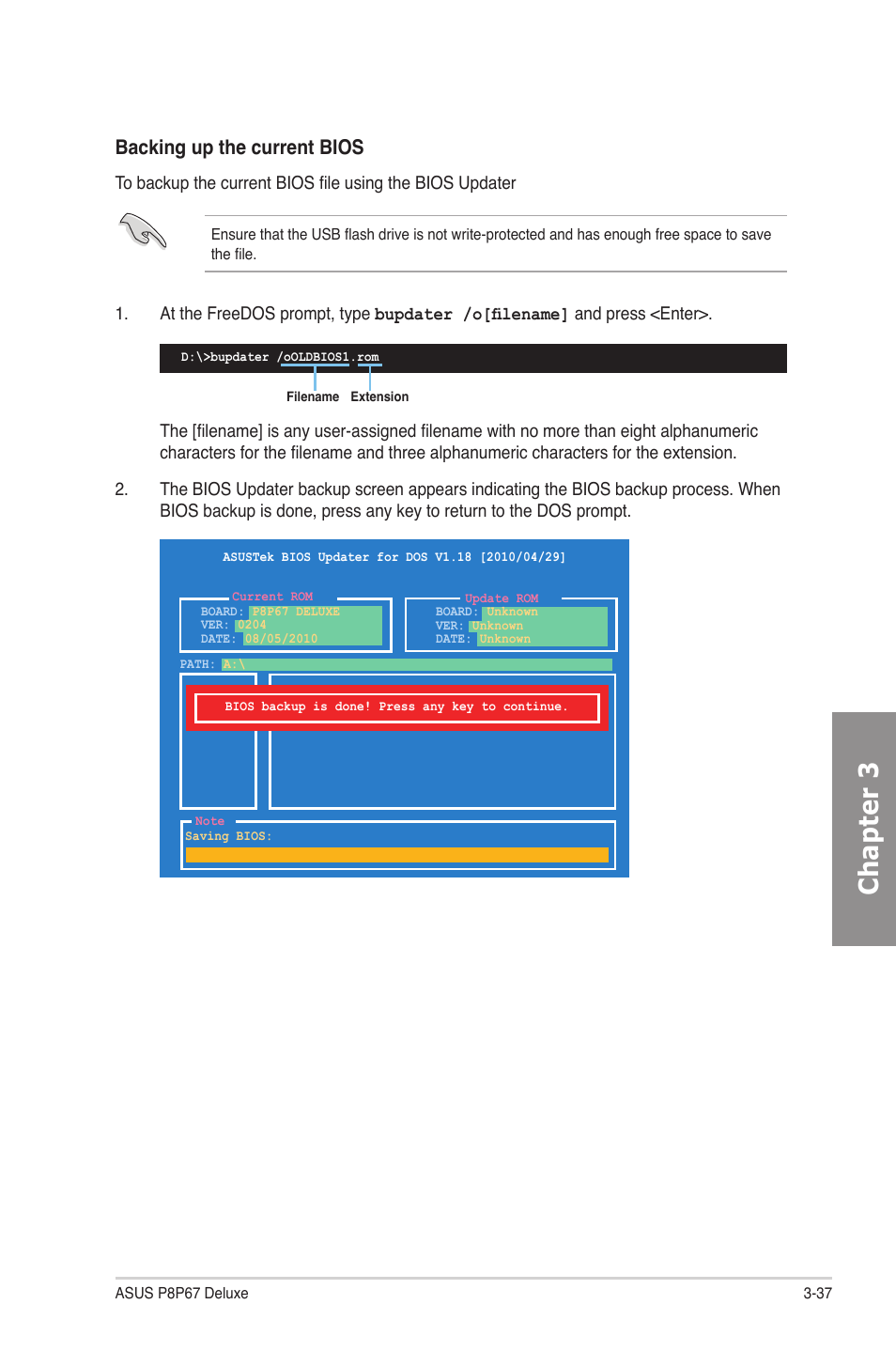 Chapter 3, Backing up the current bios | Asus P8P67 DELUXE User Manual | Page 105 / 142