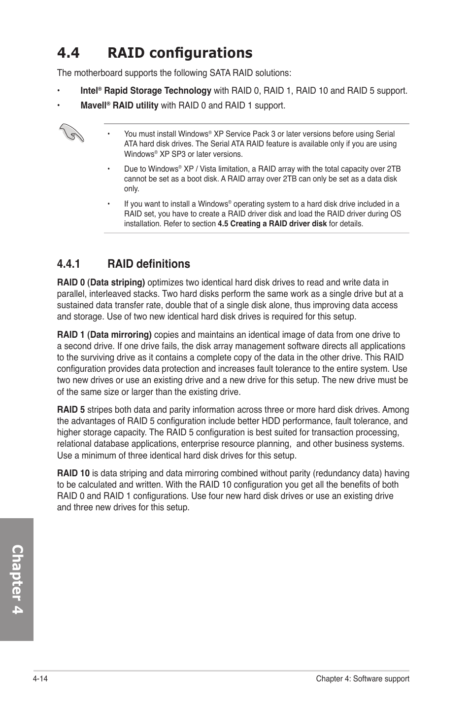 4 raid configurations, 1 raid definitions, Raid configurations -14 4.4.1 | Raid definitions -14, Chapter 4 4.4 raid configurations | Asus P8P67 DELUXE User Manual | Page 120 / 142