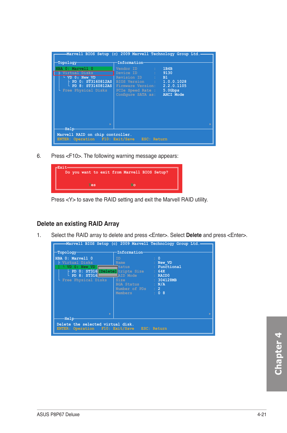 Chapter 4, Delete an existing raid array | Asus P8P67 DELUXE User Manual | Page 127 / 142