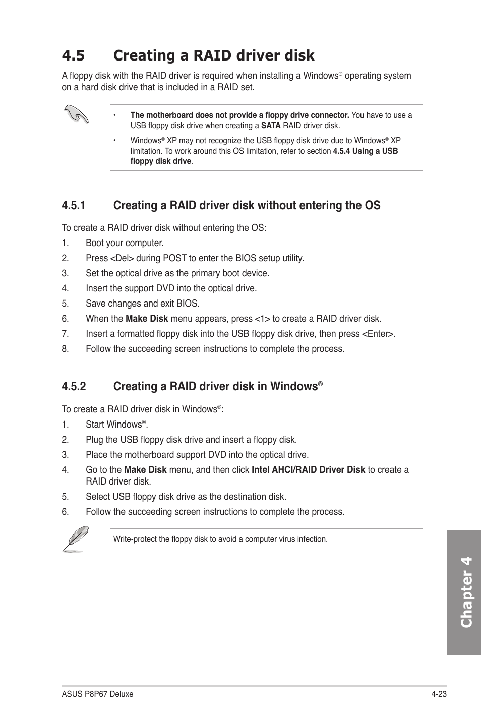 5 creating a raid driver disk, 2 creating a raid driver disk in windows, Creating a raid driver disk -23 4.5.1 | Creating a raid driver disk in windows, Chapter 4 4.5 creating a raid driver disk | Asus P8P67 DELUXE User Manual | Page 129 / 142