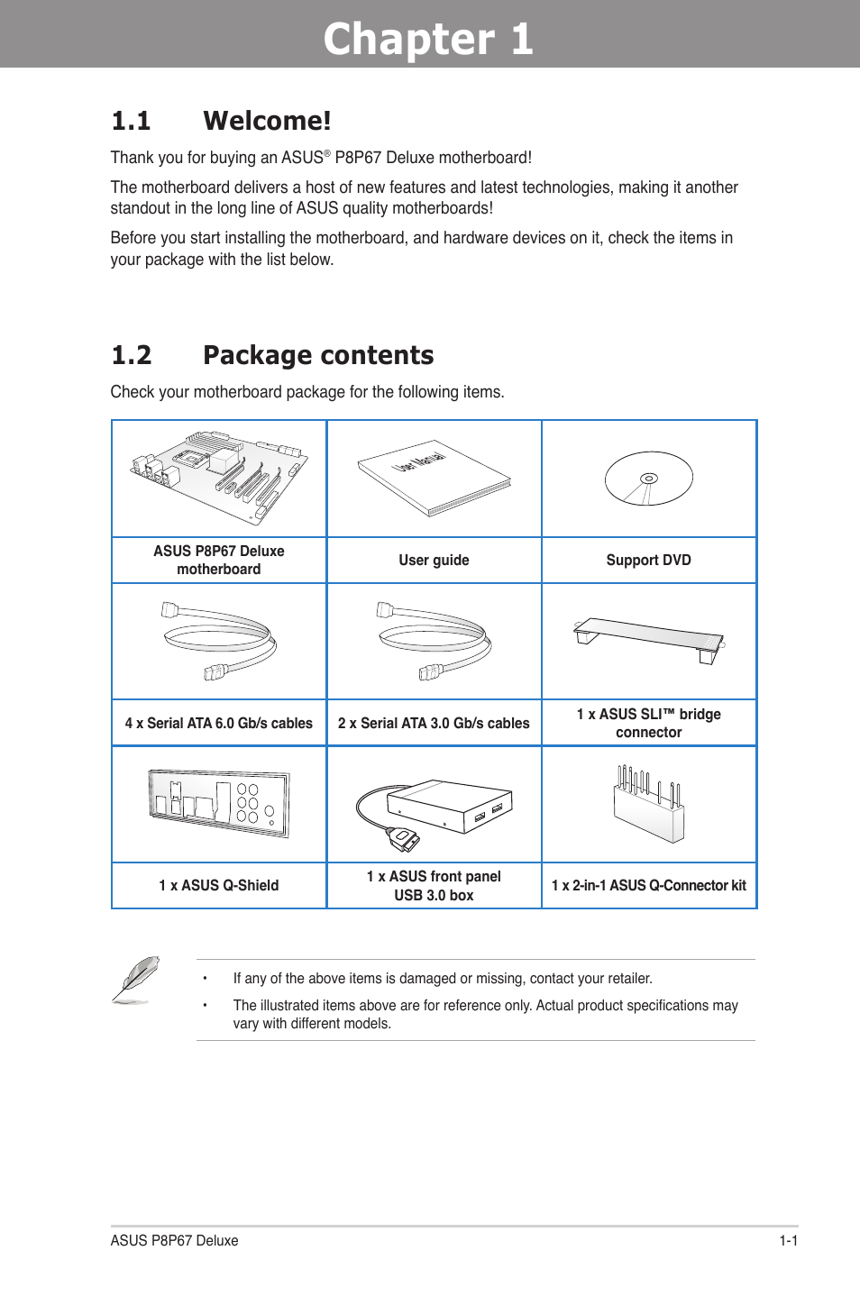 Chapter 1: product introduction, 1 welcome, 2 package contents | Chapter 1, Product introduction, Welcome! -1, Package contents -1, Chapter 1 1.1 welcome | Asus P8P67 DELUXE User Manual | Page 13 / 142