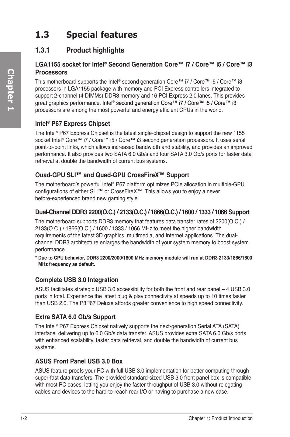 3 special features, 1 product highlights, Special features -2 1.3.1 | Product highlights -2, Chapter 1 1.3 special features | Asus P8P67 DELUXE User Manual | Page 14 / 142