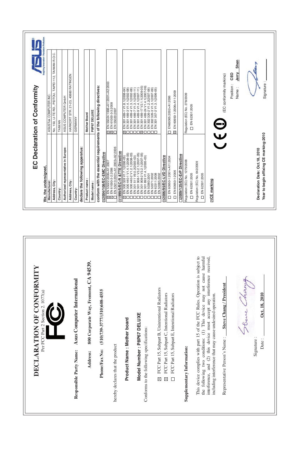 Declaration of conformity, Ec declaration of conformity, Asu s c om pu te r i nt er na tio na l | Asus P8P67 DELUXE User Manual | Page 142 / 142