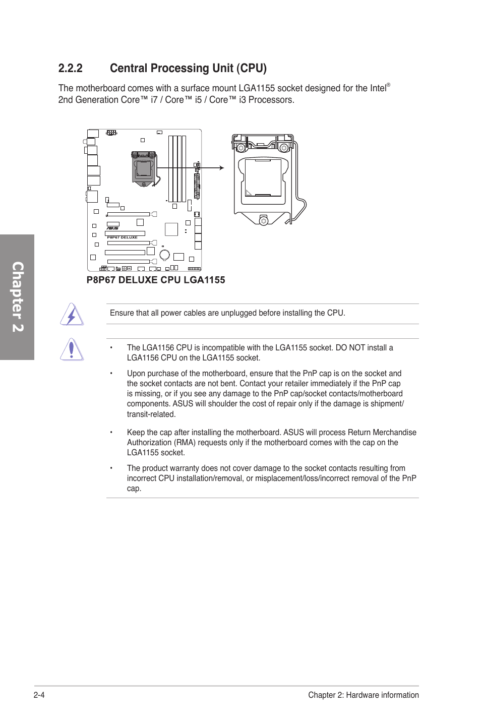 2 central processing unit (cpu), Central processing unit (cpu) -4, Chapter 2 | Asus P8P67 DELUXE User Manual | Page 22 / 142