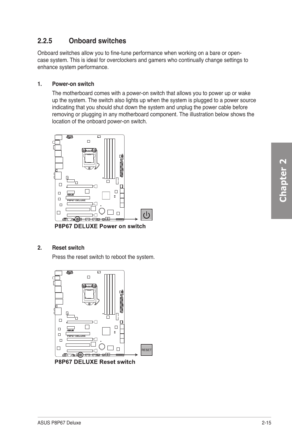 5 onboard switches, Onboard switches -15, Chapter 2 | Asus P8P67 DELUXE User Manual | Page 33 / 142